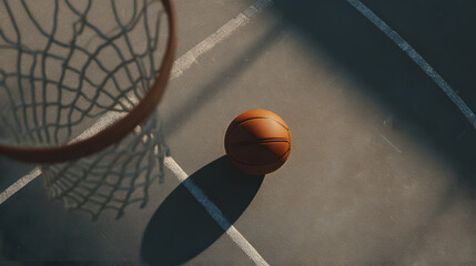 Top view of a basket ball on a basketball court, with the shadow of the net, soft lighting, and clean, minimalistic composition