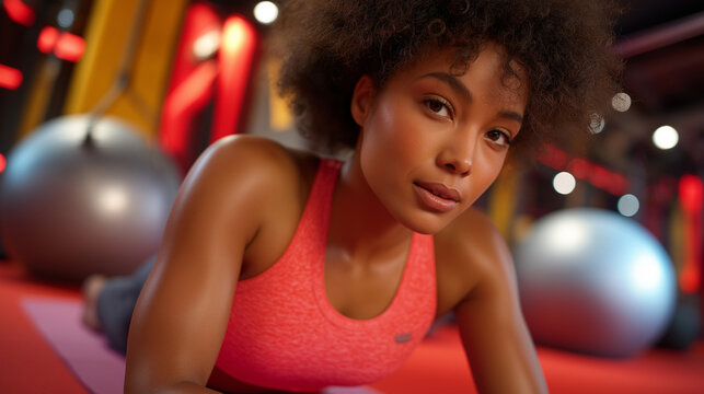 Empowering instructor leading fitness sessions for school children in a gymnasium equipped with yoga mats exercise balls and a climbing rope shown in a high end photo boasting