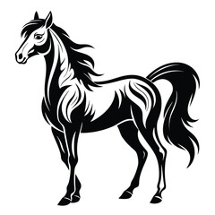 Fototapeta premium Majestic Black and White Horse Illustration Graceful Equine Design with Flowing Mane and Tail Striking Symbol of Strength and Elegance