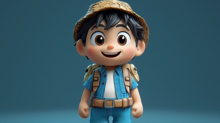 Cheerful Cartoon Boy with Tan Hat Backpack and Blue Jacket in Soft Lighting