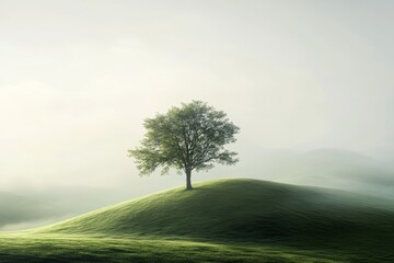 A solitary tree stands sentinel atop a gentle grassy hill, bathed in the soft light of a misty morning.