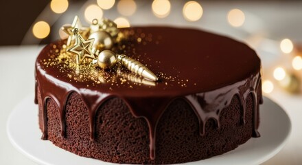 Decadent Chocolate Cake Festive Holiday Dessert with Gold Decorations