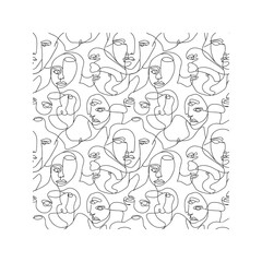 Seamless Pattern with Abstract Woman Faces. Modern Continuous One Line Art Drawing Background.
