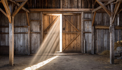 Sunlight floods a rustic barn interior through an open door highlighting wooden textures and shadows