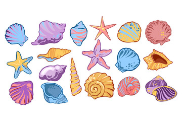 A set of bright cartoon illustrations of shells and stars of different shapes and colors. Colorful decorative elements for summer design, marine themes, beach projects and children's illustrations.