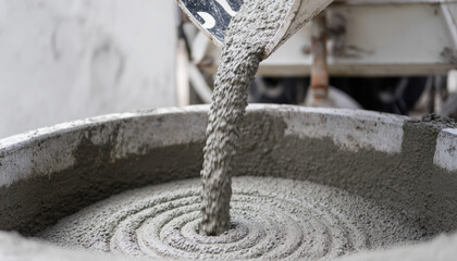 Concrete mix being poured into a large container at a construction site during daylight hours in an urban area