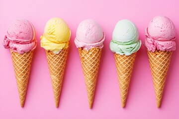 Colorful ice cream cones with scoops in pink, yellow, green on pastel pink background