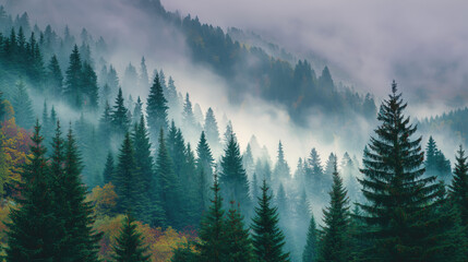 Misty autumn fir forest with foggy mountains and trees in vintage retro style landscape
