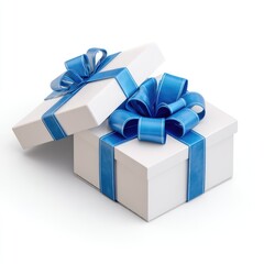 Fototapeta premium Opened white gift box with blue ribbon and bows