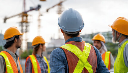 Construction workers collaborate on a project site with cranes in the background during the afternoon