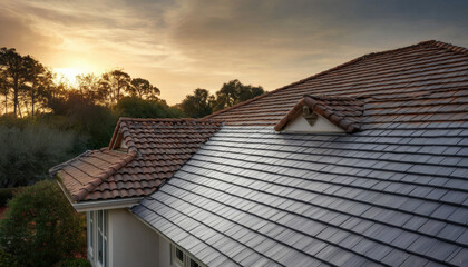 Sunset casts warm glow over modern home with terracotta roof tiles in peaceful suburban neighborhood