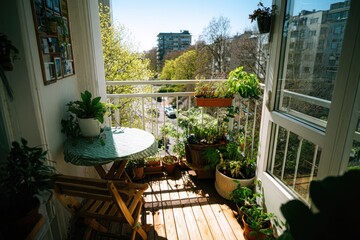 Sunny balcony with plants and a small table.