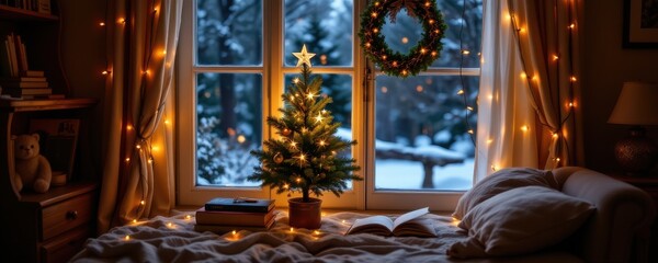 a cozy reading nook with a small christmas tree and string lights hanging around the window creating a warm calm inviting holiday atmosphere for relaxation.