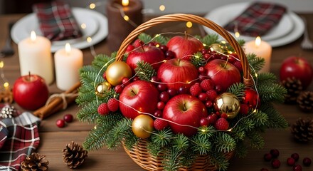 Red Apples and Berries in Festive Christmas Basket
