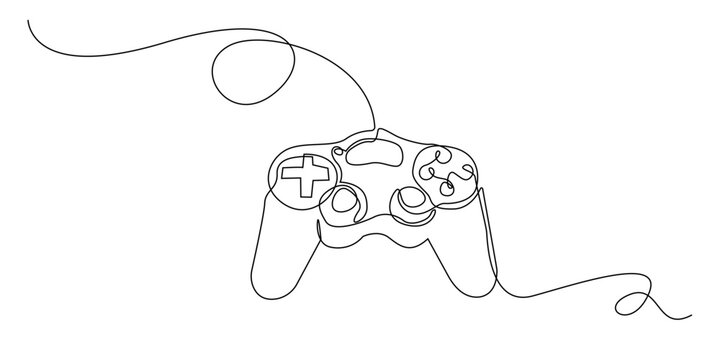 Continuous line drawing of a game controller, minimalist one line art symbolizing gaming, entertainment, e-sports, and digital lifestyle. Simple contour illustration for modern design.