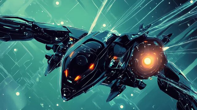 Futuristic spaceship flying through abstract digital environment