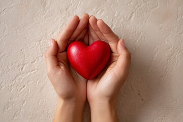 Fototapeta premium Tender hands hold a vibrant red heart against a neutral backdrop, evoking a sense of warmth and care.