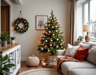 cozy festive design for a tiny condo including a small tree, fairy lights, minimal ornaments, and a compact holiday wreath