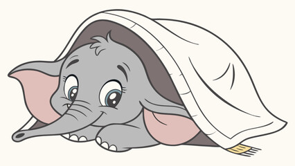 Cartoon elephant hiding under a blanket with big ears and cute eyes in a playful illustration