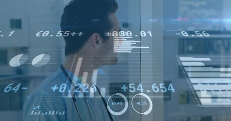 Animation of financial data processing over caucasian male doctor - Powered by Adobe
