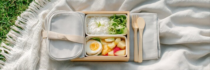Eco-friendly picnic with bento-style lunch and utensils on blanket in grass