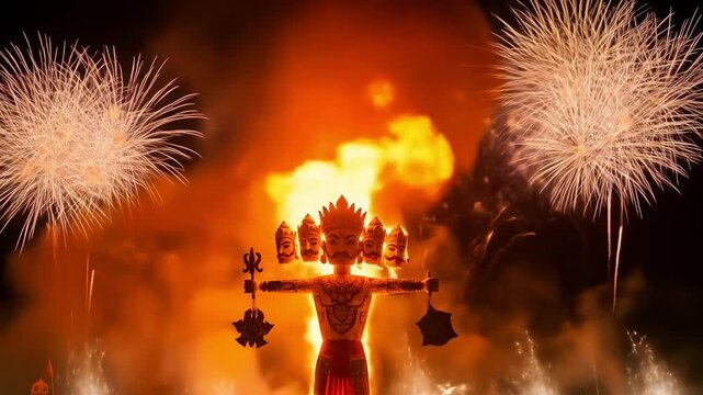 Vibrant vijayadashami festival marking victory of good over evil with fiery ravana and bursting fireworks