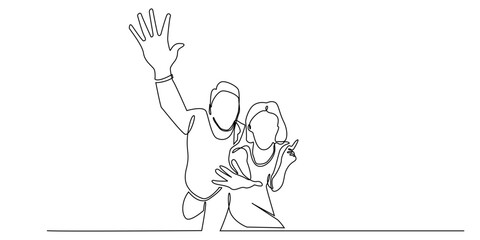 continuous line of a man and a woman with happy expressions, waving and pointing.single line drawing that symbolizes joy, togetherness, celebration and friendship.