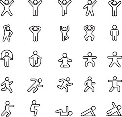 Thin line icon set for exercise workout fitness wellness activity training gym sport health movement aerobics stretching running jumping. Pixel perfect silhouette icons editable stroke.