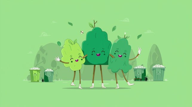 Environmental Illustration: Three Anthropomorphic Tree Characters Hugging Each Other, Smiling Saplings Surrounding, Recycling Bins in Background, Pastel Green Palette, Levity & Laughter Style, Environ