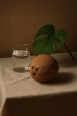 A fresh coconut, glass of water, and tropical leaf arranged in a still life setting