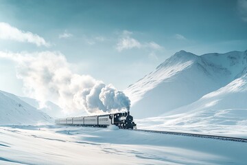 Obraz premium Vintage steam train moving through snowy mountain landscape