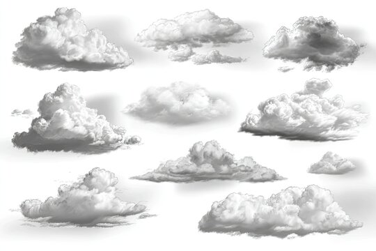 Various grayscale cloud shapes on white background
