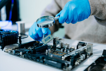 Closeup of technician inspecting CPU with magnifying glass before installing it on motherboard....