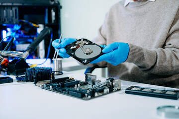  Hard disk drive on the technician's desk and a computer motherboard as a component. the concept of...