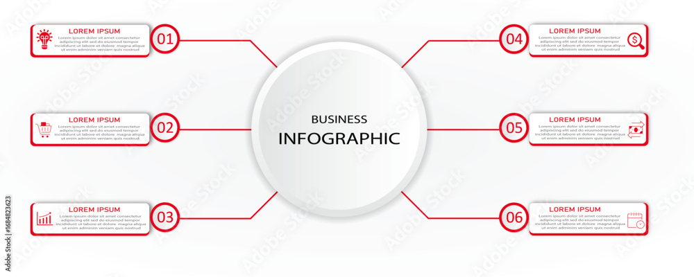 Poster business process visualization with white diagram | infographic timeline red color rectangle steps w
