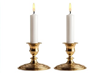 Two gold candle holders with white candles, isolated on white