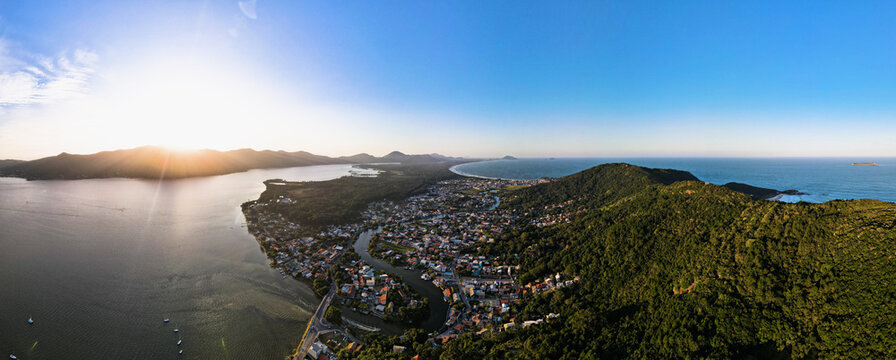 Super wide panoramic aerial view in high definition of Barra da Lagoa and Lagoa da Concei&ccedil;&atilde;o in Florianopolis, Santa Catarina, Brazil on a beautiful sunny summer day.
