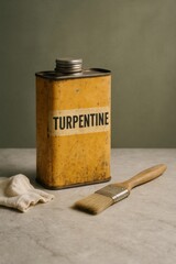 A vintage can of turpentine alongside a paintbrush and cloth, ready for art or crafts. The scene exudes a sense of artistry and craftsmanship.