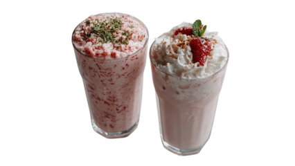 Two delicious milkshakes, one strawberry with nuts and another creamy shake topped with whipped cream and berry, isolated on a transparent background.