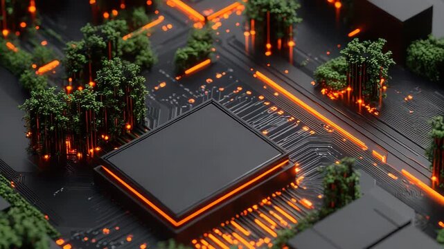 Green computing concept, cpu emerging from a forest growing on motherboard