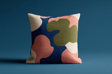 A decorative throw pillow with an abstract pattern in muted tones of blush pink, olive green, and navy blue.