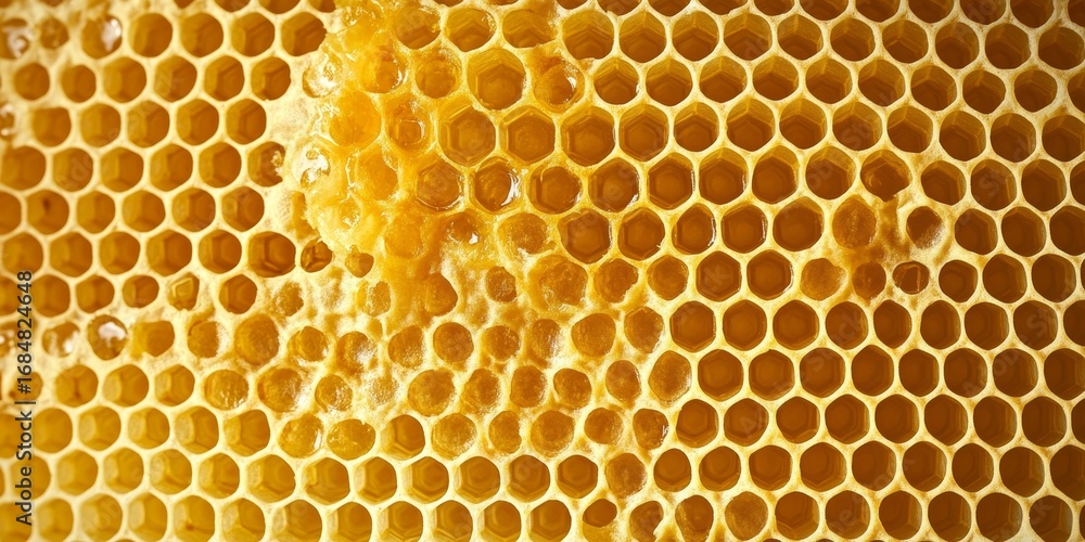 Poster macro photography of honeycomb structures filled with golden honey, nature s abstract mosaic pattern
