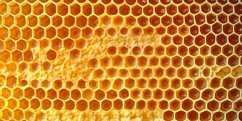 Close-Up of Honeycomb with Natural Honey Filling, Showcasing Organic Patterns and Texture.