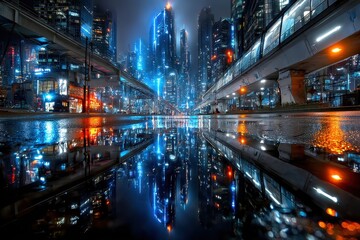 Futuristic City at Night Reflected in Rain Puddle