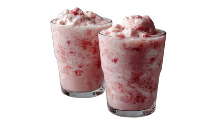 Two delicious strawberry milkshakes topped with whipped cream, refreshing fruit drinks and desserts, isolated on a transparent background.