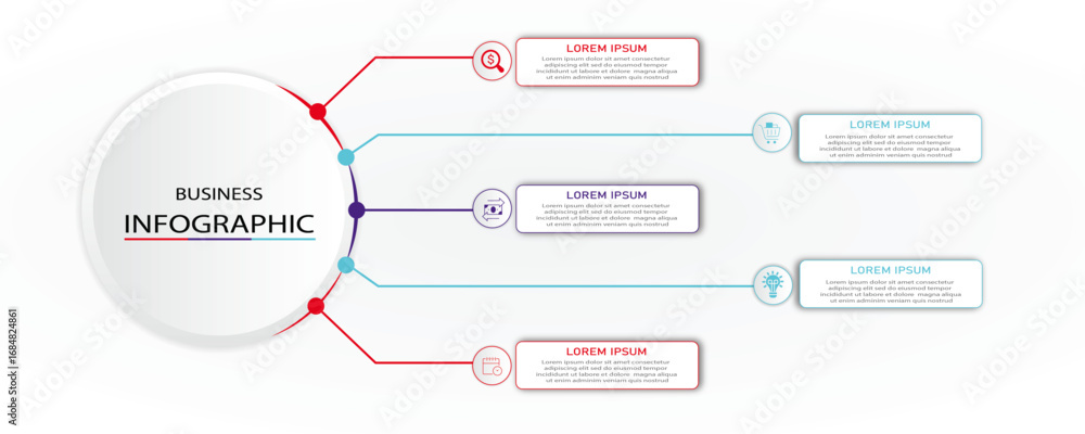 Poster business process visualization with white diagram | infographic timeline red color steps with icon |