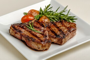 Two grilled steaks, presented on a white plate with cherry tomatoes and fresh rosemary, display a rich brown crust and juicy interior.