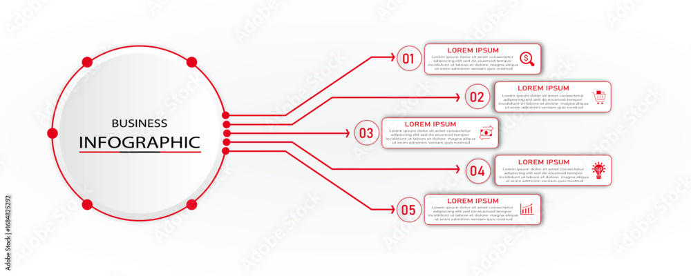 Poster business process visualization with white diagram | infographic timeline red color steps with icon a