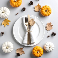 Autumn table setting with pumpkins and leaves