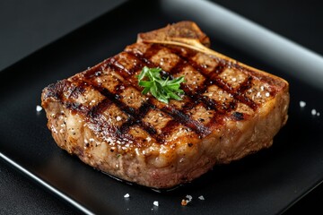 Close-up of a perfectly grilled steak, seasoned with herbs and sea salt, on a dark plate, showcasing grill marks and a rich brown color.